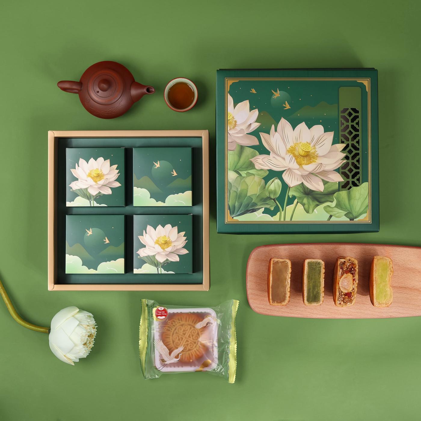Set 4 bánh hộp Bạch Liên (4 nướng: trà xanh, tiramisu, cốm dừa, thập cẩm trứng muối)