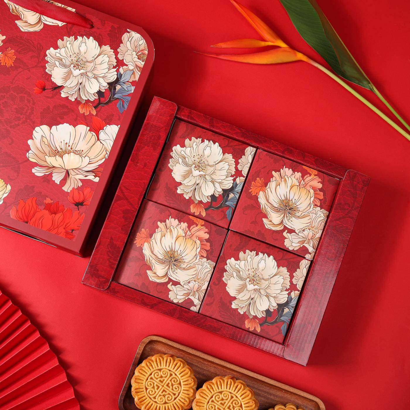 Set 4 bánh hộp Hoa Thu (dẻo trà xanh + 3 nướng: đậu xanh, khoai môn, thập cẩm)