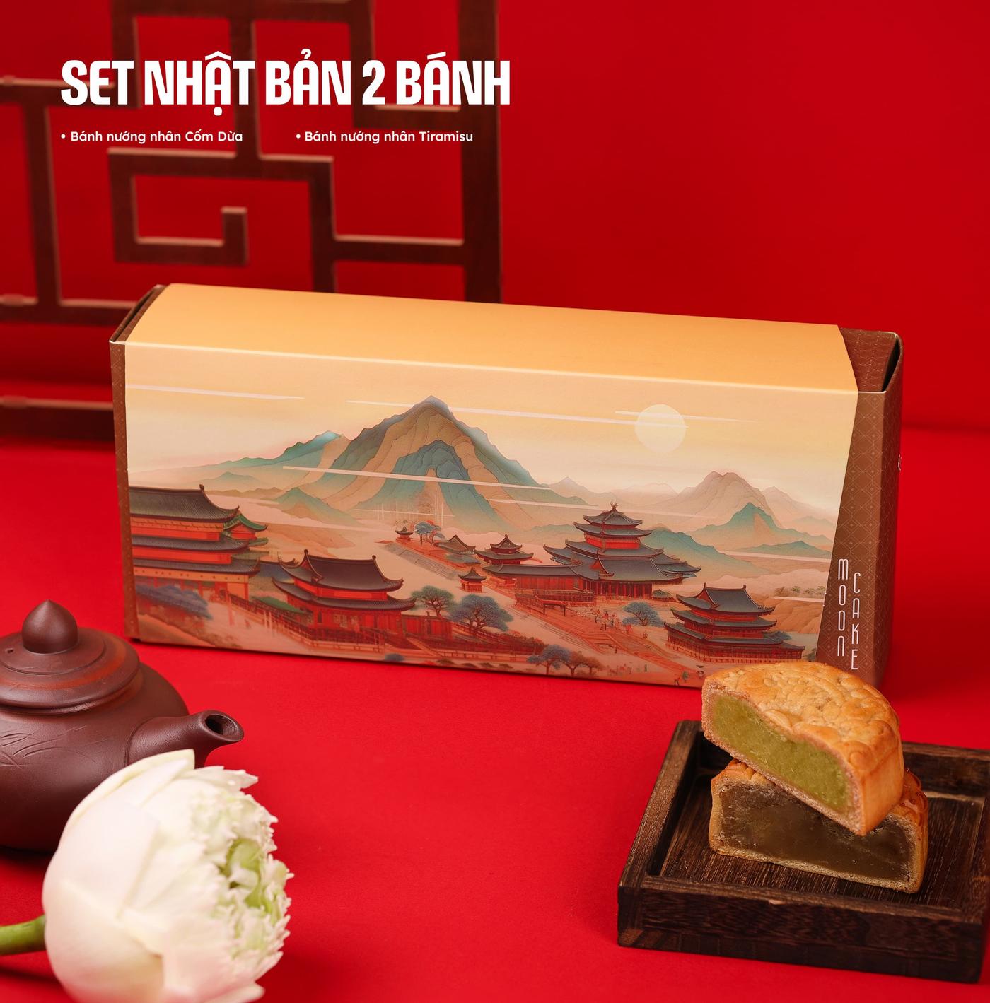 Set 2 bánh hộp Nhật Bản (nướng tiramisu + nướng cốm dừa)
