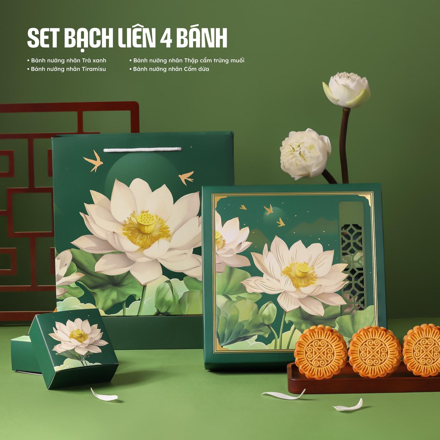 Set 4 bánh hộp Bạch Liên (4 nướng: trà xanh, tiramisu, cốm dừa, thập cẩm trứng muối)