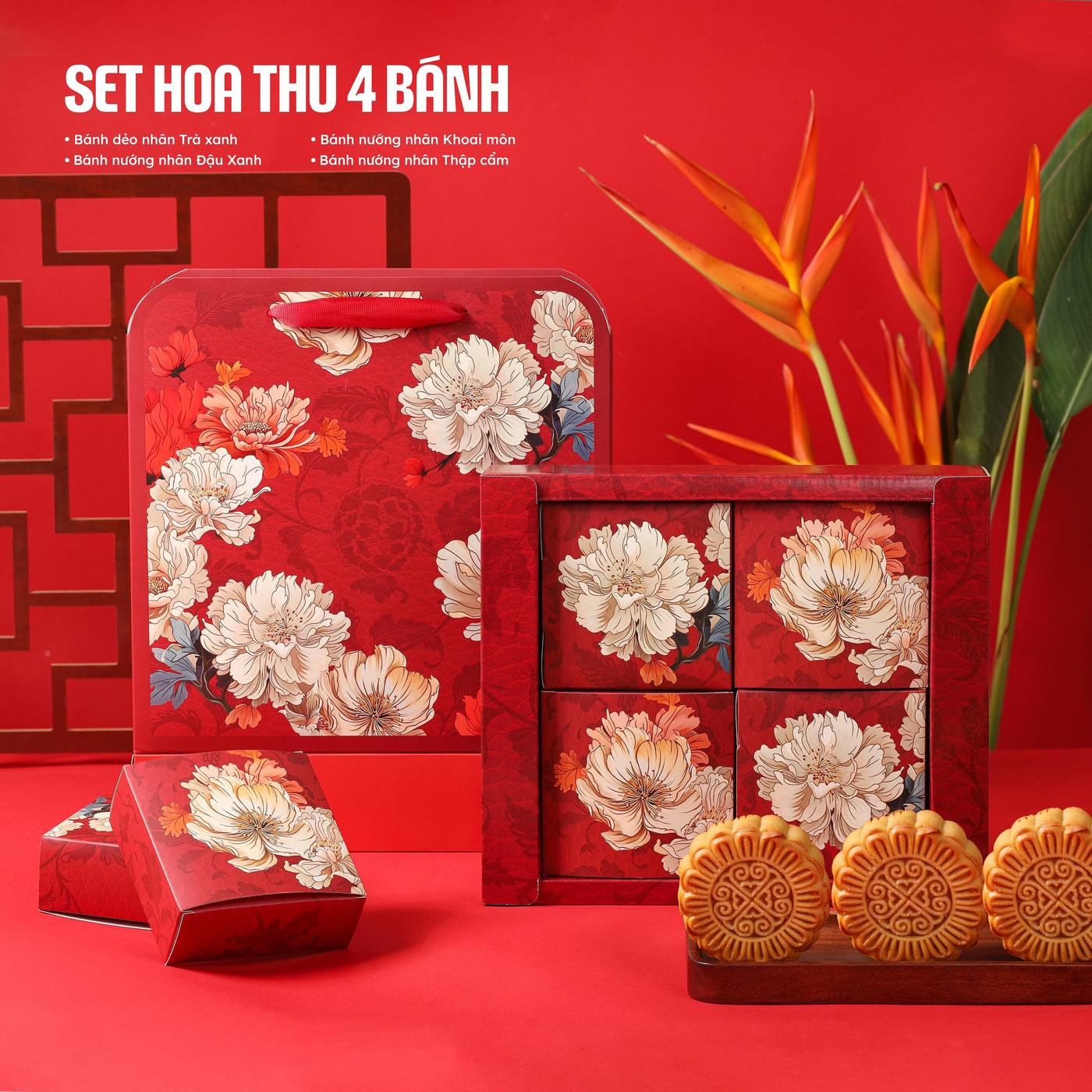 Set 4 bánh hộp Hoa Thu (dẻo trà xanh + 3 nướng: đậu xanh, khoai môn, thập cẩm)